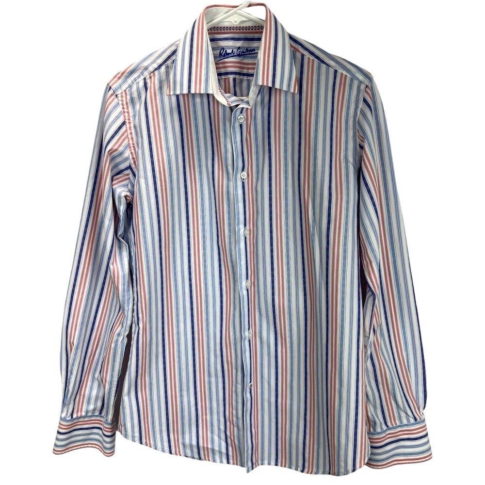 Robert Graham Blue Purple Striped Button Up Shirt Embroidered Cuffs Sz 39/15.5